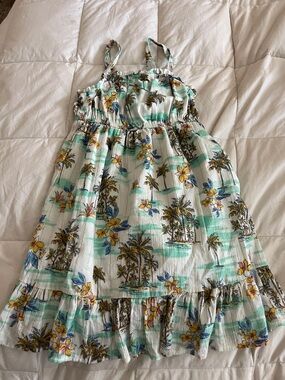 Epic Threads White & Aqua Tropical Floral Sundress with Yellow Accents